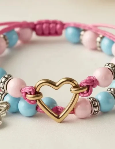 A beaded bracelet with pink and blue beads, silver spacers, a gold heart charm, and an adjustable pink cord.