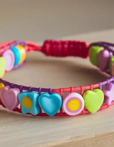 A colorful bracelet with heart, flower, and star-shaped beads in pastel colors, woven into a pink and purple cord